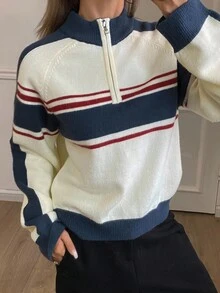DAZY 女士宽松休闲条纹撞色半拉链毛衣，秋冬 - 藏蓝色 - 查看 4