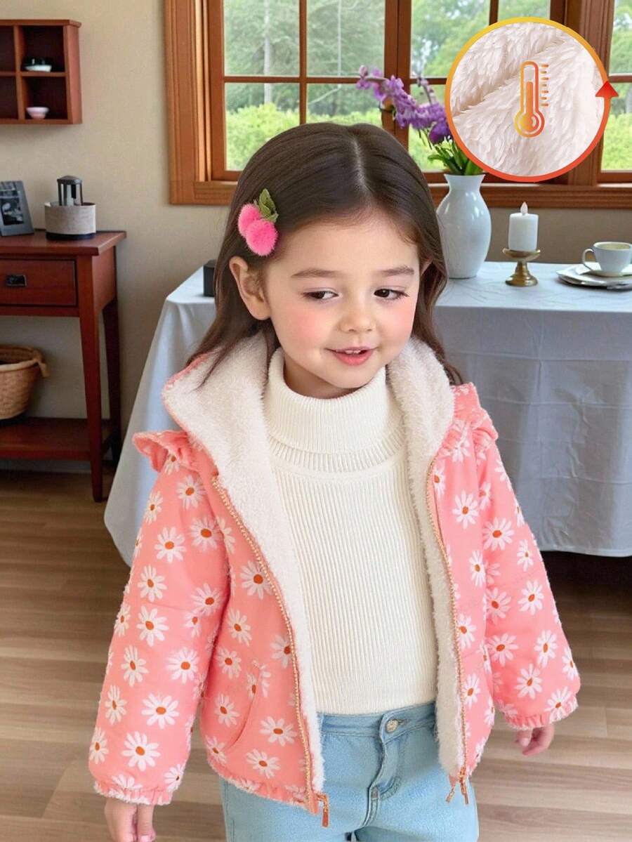 1件女婴秋冬新款印花面料连帽长袖拉链外套，荷叶边装饰，保暖内衬，可爱时尚的冬季外套 - 粉色 - 查看 1