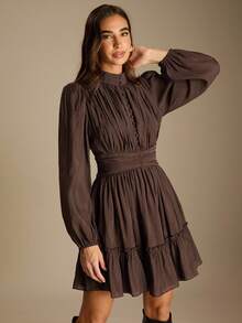 Enchnt Abito di colore solido da donna con colletto alto, maniche a lanterna, arricciature e balze sul fondo, alla moda