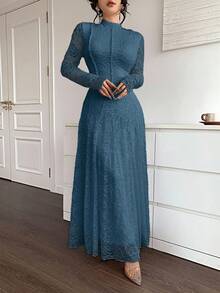 Feyla 女士优雅白色蕾丝连衣裙长袖蓝绿色连衣裙蓝色蕾丝连衣裙女士优雅端庄长裙女士蓝色连衣裙 - 藍色 - 查看 6