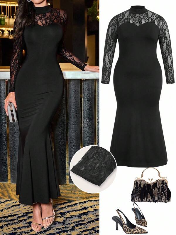 Ellevyn Plus Size Women's Elegant Lace Patchwork Long Sleeve Stretchy Comfortable Dress, Suitable For Autumn And Winter Long Sleeve Dress Dresses For Women Dresses For Women Elegant Fall Dresses For Women Elegant Dresses For Women Plus Size Dresses Fall Dresses Fall Dress Dresses For Women Party Teacher Outfits For Women Halloween Costumes Plus Size Women Clothes Festival Outfits For Women Western Outfits For Women Winter Clothes Women's Fall Clothes Going Out Outfits Festival Outfit