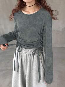 FRIFUL Women's Round Neck Long Sleeve Casual Loose T-Shirt With Drawstring Hem Gray Top Long Sleeve Top Cinched Waist Top Tie Up Top Ruched Top - Grey - View 4