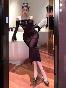 DAZY 女士优雅露肩喇叭袖中长连衣裙，秋季舞会礼服 - 黑色 - 查看 8
