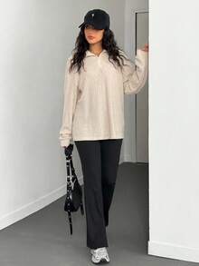 2 pièces Tenue décontractée pour adolescente en automne/hiver, comprenant un Top tricoté avec design à demi-zip pour un enfilage facile et un pantalon noir simple, convenant aux activités scolaires ou de plein air quotidiennes - Nude - Voir 5