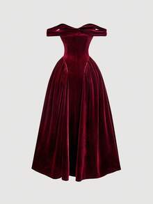 SHEIN MOD 露肩V腰连衣裙，适合派对、约会、生日庆祝、下午茶和节日、万圣节、哥特式 - 酒紅色 - 查看 2