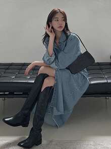 DAZY 女式宽松牛仔连衣裙，前扣开襟，落肩设计，返校服