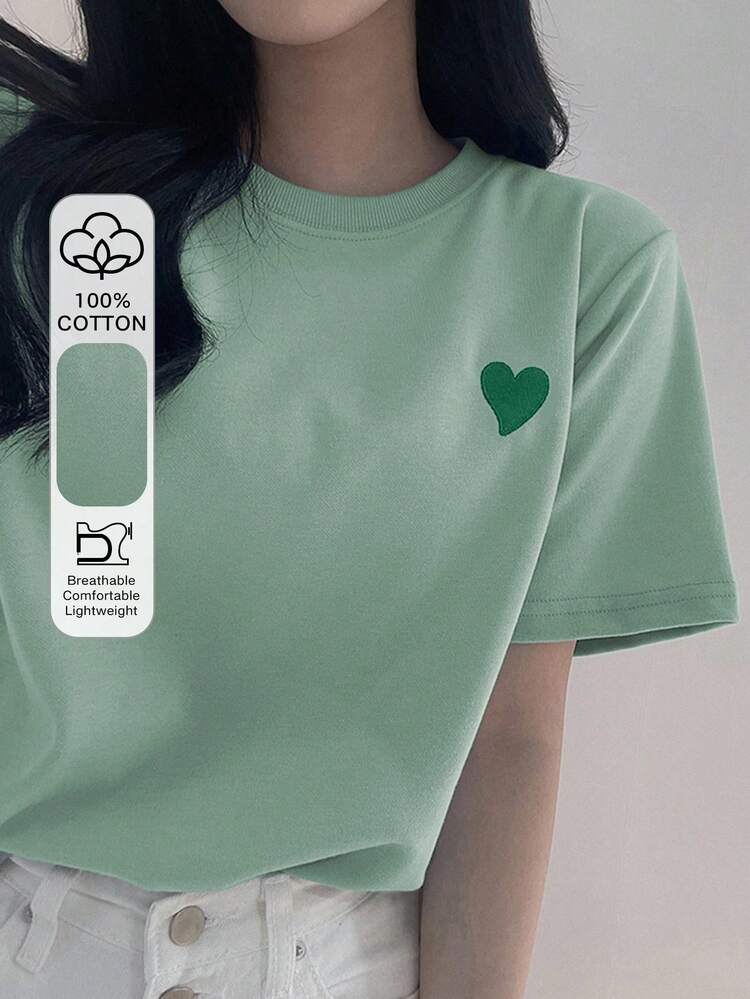 Women Embroidered Heart Pattern Contrast Color Round Neck T-Shirt Cute Tops Easter