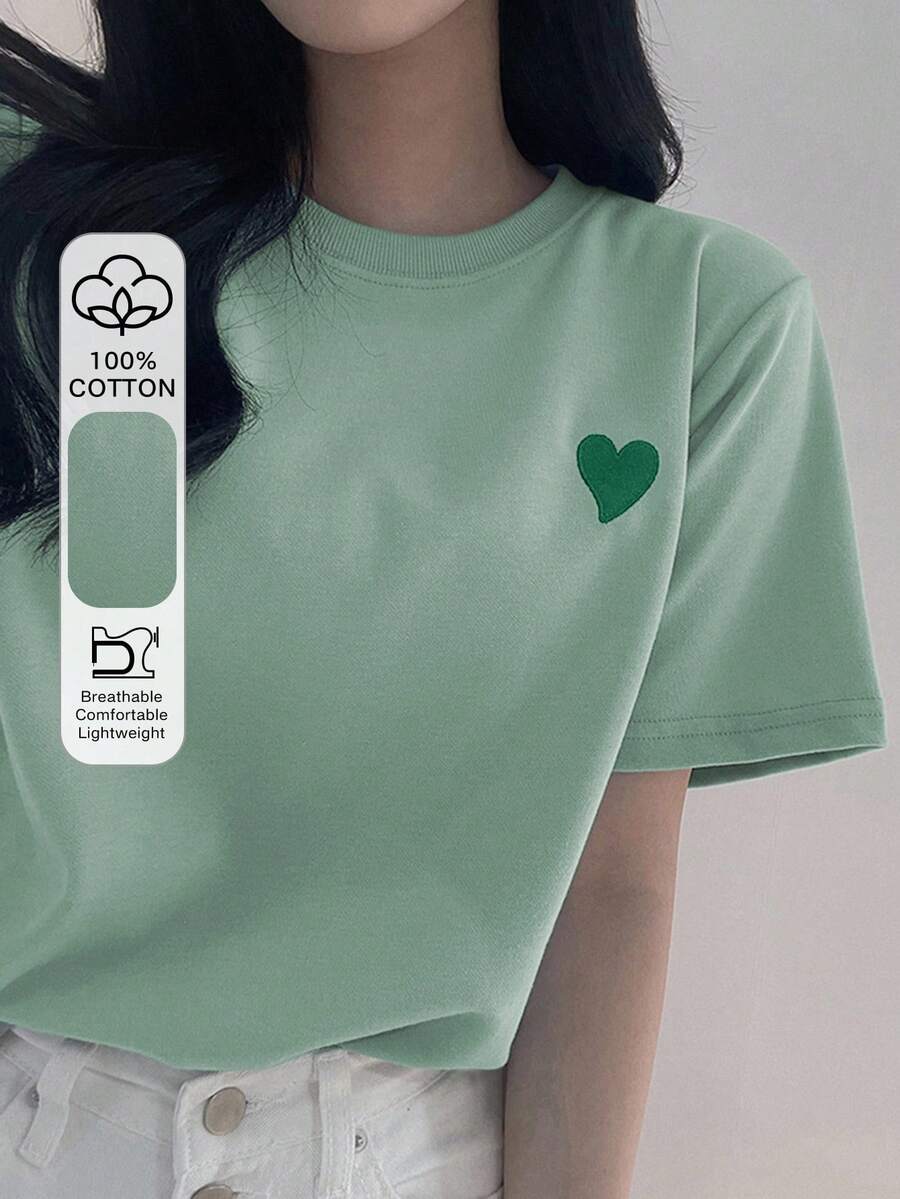 DAZY Women Embroidered Heart Pattern Contrast Color Round Neck T-Shirt Cute Tops - Green - View 1