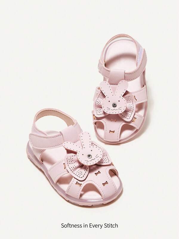 Cozy Pixies 1pair Girls' Fashionable & Versatile Pink Sandals With Lovely Bunny Decoration For Summer