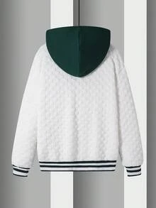 SHEIN 1 Piece Tween Boy White Casual Autumn School Back-To-School Textured Fabric Contrast Color Hooded Baseball Jacket For Birthday Parties,Sports & Daily - White - View 2
