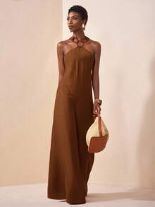Zivah Women's Solid Color Round Ring Connected Fashionable Wide Leg Jumpsuit - Brown - View 4