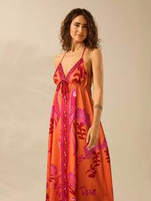 CAJUNI 女士度假热带波西米亚蓝白花卉鹦鹉印花吊带系带休闲海滩夏季长裙 - 彩色 - 查看 6