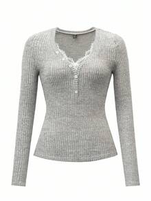 Zielony 女士休闲针织V领蕾丝拼布纽扣装饰长袖秋冬上衣