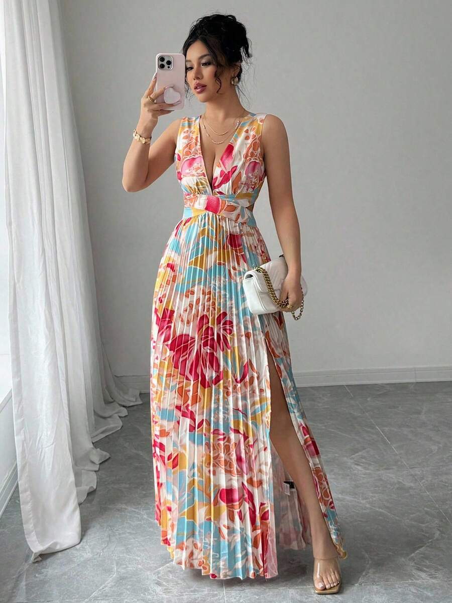 Elenzga Sleeveless Ditsy Floral Deep V-Neck Slit Hem Pleated Sexy Vacation Dress For Women - Multicolor - View 1