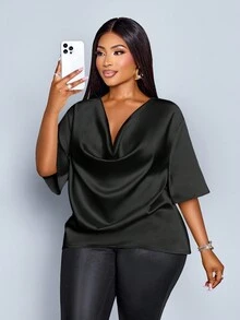 SOLERSUN Plus Size Women's Fashionable Solid Color Elegant Cowl Neck Stylish And Sophisticated Batwing Sleeve Blouse Summer - Black - View 5