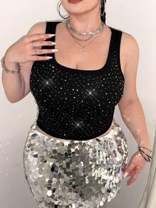 GalTyme EZwear Plus Size Casual Rhinestone Embellished Casual Elegant Vacation Work/Office Brunch Fairycore Comfortable Concert Women White Shiny Tank Top,Club Sexy Top Fashionable For Everyday Wear Summer /Spring