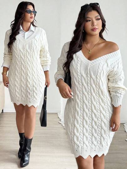 Vionelle Plus Size V-Neck Ruffle Hem Lace Knit Long Sleeve Sweater Dress, Casual Solid Color Warm Pullover Dress For Autumn/Winter Fall Cloth For Women