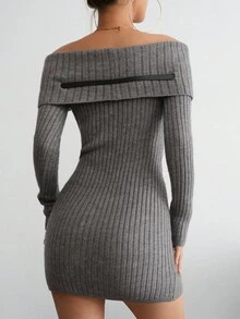 Aidyla Women's Off Shoulder Collar Sweater Dress With Belt - Grey - View 2