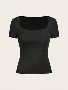SHEIN EZwear 3 件套圆领短袖短款休闲修身女式 T 恤，百搭百搭，不同面料 - 黑色 - 查看 7
