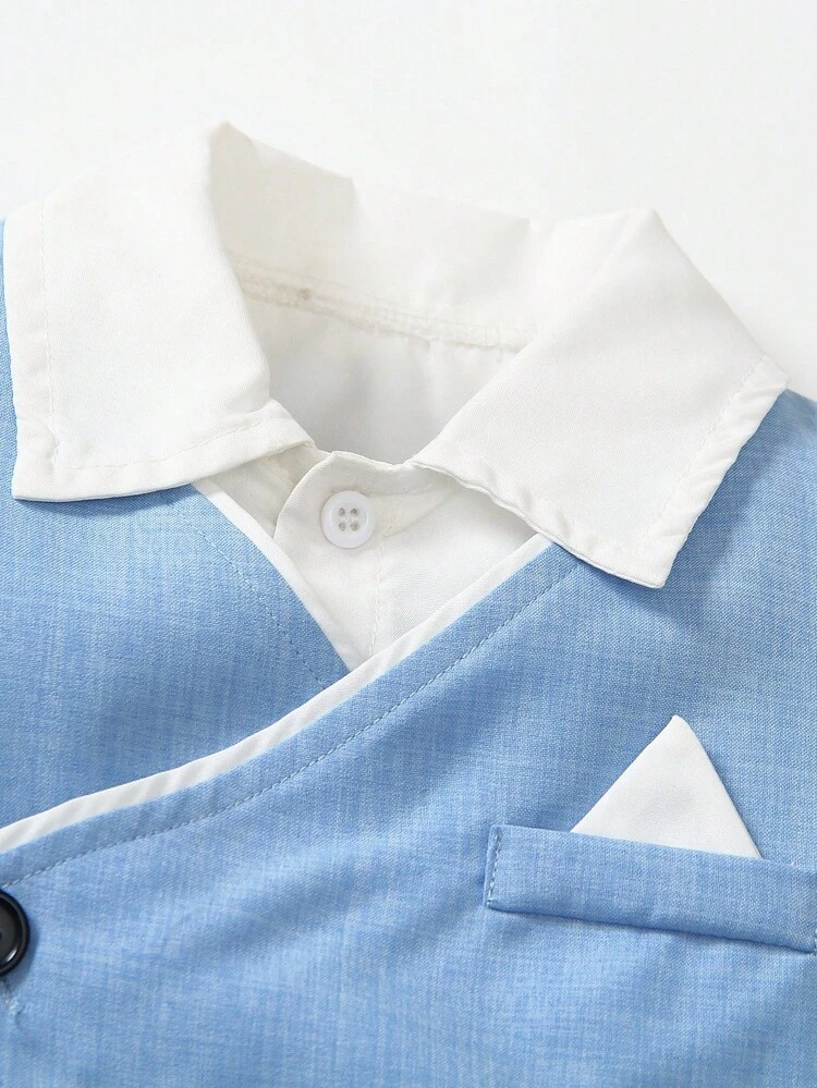 SHEIN 2pcs Gentleman Style Set For Young Boys, Single-Breasted V-Neck Waistcoat And Pants, Suitable For Pairing With White Or Dark Dress Shirt, Ideal For Birthday Party, Formal Occasion, Wedding, Baptism, Back To School, Vacation, Holiday - Baby Blue - View 7