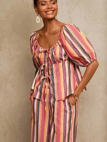 Travachic 女式度假休闲条纹吊带上衣和裤子两件套 - 彩色 - 查看 7