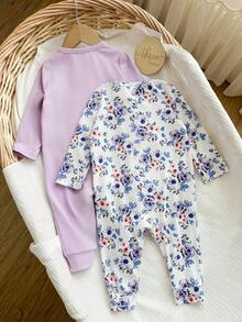 SHEIN 2件套女婴可爱针织粉色爱心图案长袖连体衣套装，适合日常居家穿着，秋冬季家居服套装，连体衣 - 彩色 - 查看 6