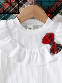 SHEIN Christmas Baby Girl Outfit 2pcs Baby Girl Spring/Autumn Knitted White Long Sleeve Top + Red Plaid Skirt Set Fall Winter - Multicolor - View 7