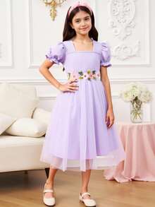 SHEIN Tween Girl Embroidered Flower Applique Puff Sleeve Mesh Overlay Dress