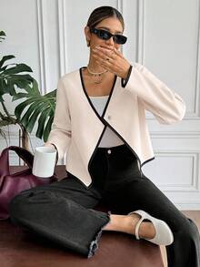 SHEIN Frenchy 女士秋冬休闲大衣，饰有滚边，适合秋冬季通勤、简约时尚、复古风等日常穿着。 - 杏色 - 查看 3