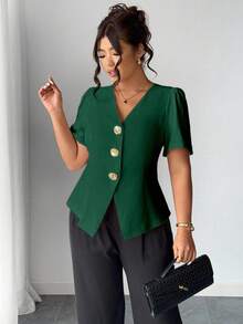 Elenzga Áo len cardigan cài nút hoa hồng thời trang cỡ lớn - Màu xanh lá cây đậm - Xem 1