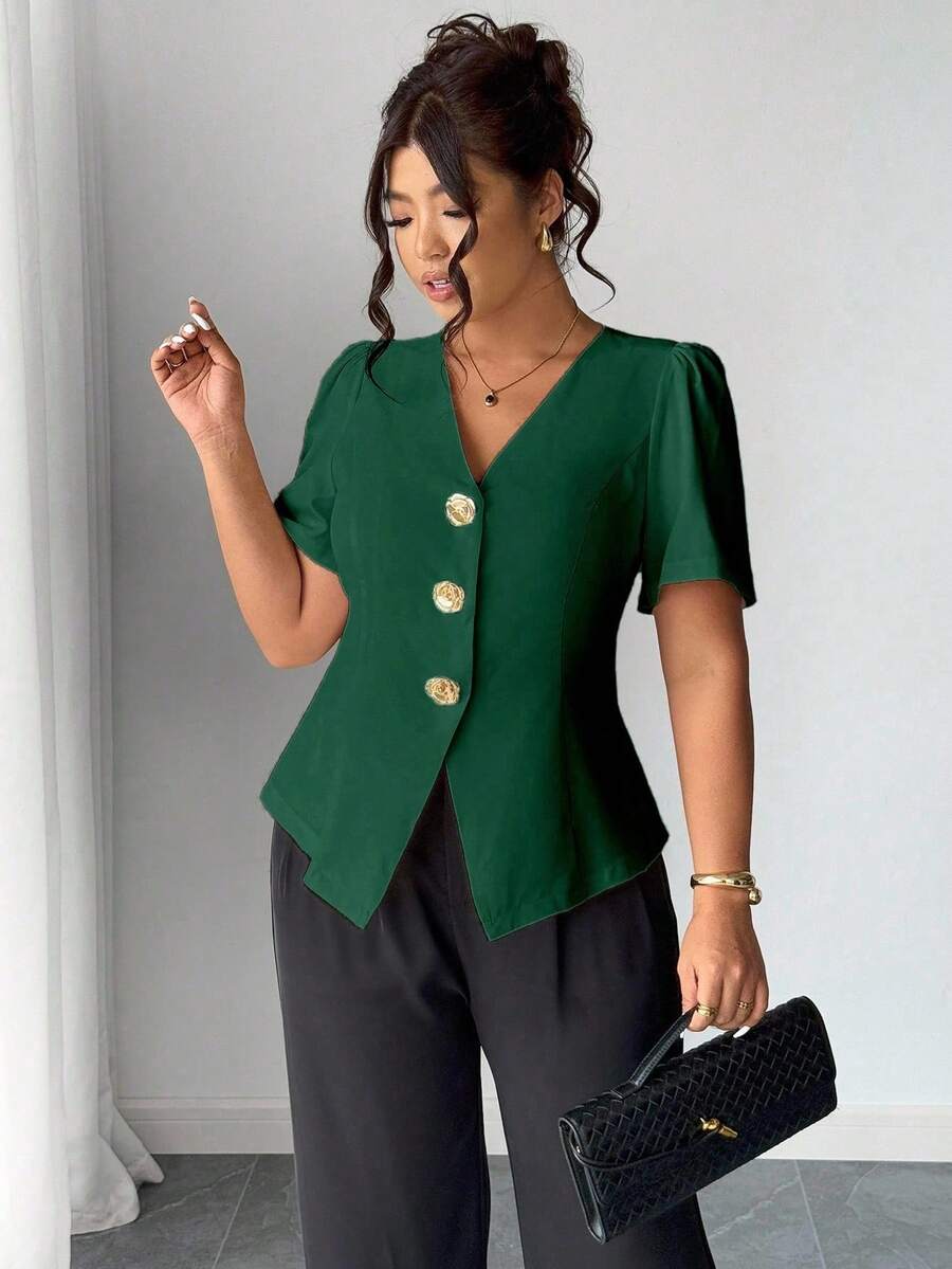 Elenzga Áo len cardigan cài nút hoa hồng thời trang cỡ lớn - Màu xanh lá cây đậm - Xem 1