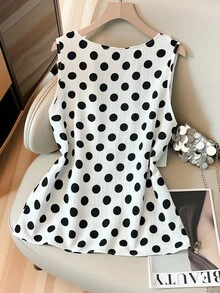 SHEIN Clasi 女士荷叶边波尔卡圆点印花无袖休闲衬衫 - 黑與白 - 查看 2