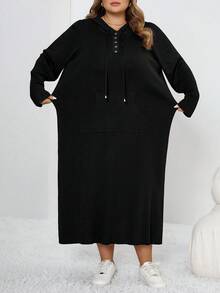 SHEIN CURVE+ Black Hooded Long Sleeve Button Collar Fitted Sweatshirt Dress, Casual All-Match Pocketed Sweatshirt Dress For Autumn/Winter - Black - View 5