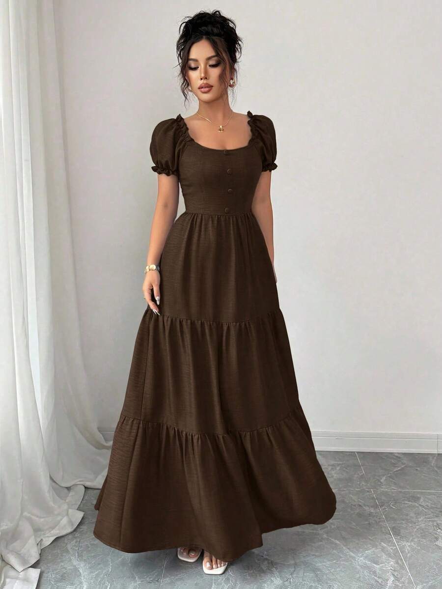 Selianne Elenzga 女士优雅长裙，独特领口，多层拼接，荷叶边，修身设计/垂坠/分层/假日装扮/波西米亚风/浪漫花卉/度假休闲 - 咖啡棕 - 查看 1