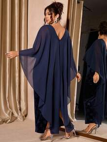 Cravure Plus Size Women's Elegant Round Neck Velvet Embossed Fitted Mermaid Formal Dress - Blue - View 2