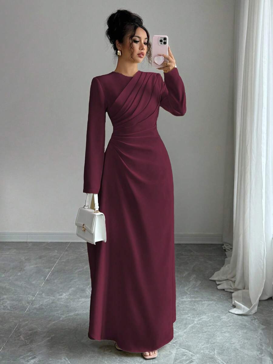 Elenzga Đầm Maxi Tay Dài Cổ Tròn Xếp Ly Eo Cho Nữ, Màu Trơn, Thanh Lịch, Trang Trọng, Công Sở, Đi Làm, Dịp Nghỉ, Tiệc Tùng, Cổ Điển, Phong Cách Trung Đông, Mùa Thu, Màu Vàng Nhạt - Màu Tím - Xem 1