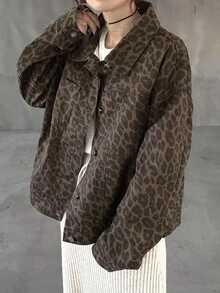 FRIFUL 女式豹纹宽松休闲牛仔夹克和外套秋冬