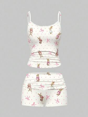 Kawaii Conjunto de pijama con camiseta de tirantes con estampado completo de lunares y conejos, y pantalones cortos fruncidos, ropa de estar en casa informal