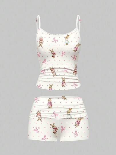 Kawaii Cute Rabbit Polka Dot Full Print Lace Camisole & Ruched Shorts Pajama Set, Casual Loungewear