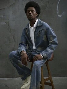 Manfinity ZONE917 Men's Autumn Long Sleeve Zip Front Jacket And Pants Casual Denim Loose Suit Men 2 Piece Set Patched Jeans For Men Tie Dye Mens Ghetto Outfits With Jeans