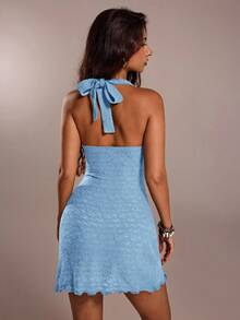 SHEIN Forever 21 休闲女装/夏装/沙滩裙/夏装/茶会裙/海滩度假装/曲线沙滩装/夏装/海滩度假装/乡村音乐节棕色纹理迷你 A 型运动连衣裙 - 淺藍色 - 查看 2