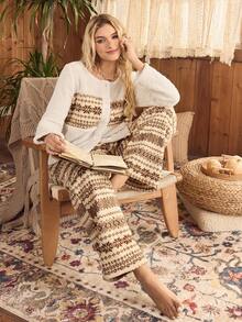 Women Geometric Pattern Long Sleeve Button-Up Fleece Top And Pants Fluffy Pajama Set Lounge Sets For Women Comfy Cozy Sets Women Fluffy Pajama Sets For Women Winter Women Lounge Set, Fall Winter Clothes - Multicolor - View 6