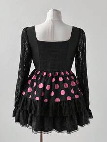 Sweetra 大码波尔卡圆点蕾丝拼布长袖衬衫 - 黑色 - 查看 7