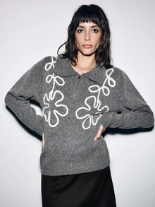 Lumivelle Women's Grey Polo Neck Zip-Up Cardigan With Floral Decor And Wool - Grey - View 3