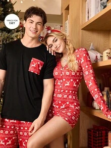 SHEIN Christmas Print Pocket Short Sleeve Pants Pajama Set For Men Christmas Pajamas Couple Christmas Pj Red Pj Set