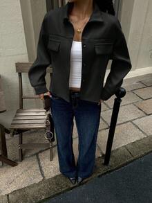 Siren Gaze Áo khoác ngoài cài nút phía trước có chi tiết vạt thả vai cho mùa thu/đông - màu đen - Xem 6