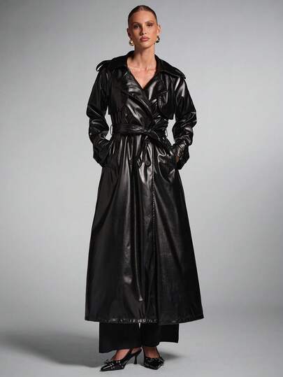 SHEIN BAE 2025 New Arrive Minimalism Fall Women Fashionable Brown Commuter Solid Color Double-Breasted Trench Coat For Going Out Outfits, Streetwear, And Stockholm Style Elegant Fall Clothes,Black Long Leather Trench Coat, Women's Winter Coat