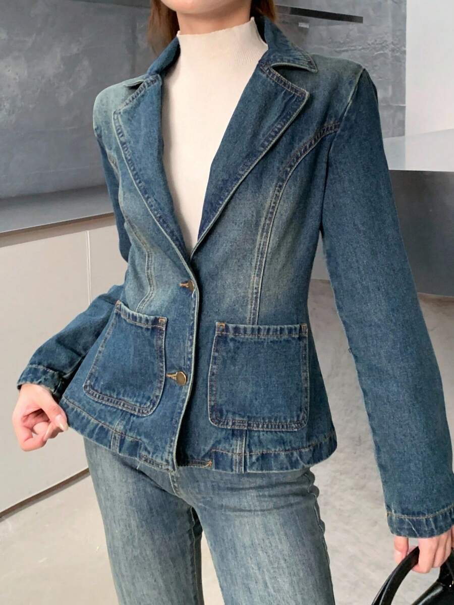 Teen Girl Blue Denim Lapel Long Sleeve Fitted Jacket,Fall Clothes,Autumn Clothes ,Casual And Fashionable Vacation Outfits,Old Money Denim  Jacket Winter - Dark Wash - View 1