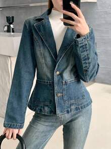 Teen Girl Blue Denim Lapel Long Sleeve Fitted Jacket,Fall Clothes,Autumn Clothes ,Casual And Fashionable Vacation Outfits,Old Money Denim  Jacket Winter - Dark Wash - View 2