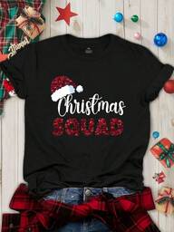 EMERY ROSE Plus Size Women's Christmas T-Shirt, 'Christmas SQUAD' Graphic Tee, Cute Christmas Casual T-Shirt Round Neck Short Sleeved Top